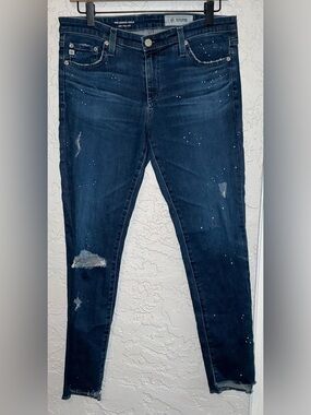 AG - Adriano Goldschmied- Dark Blue Distressed Jeans with White Paint Splatter